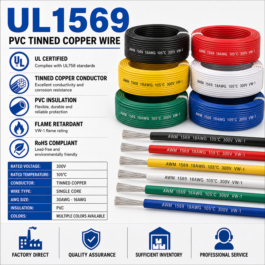 UL AWM 1569 Type, PVC Hook-Up Wire, 105℃ 300V，Factory Direct Supply.