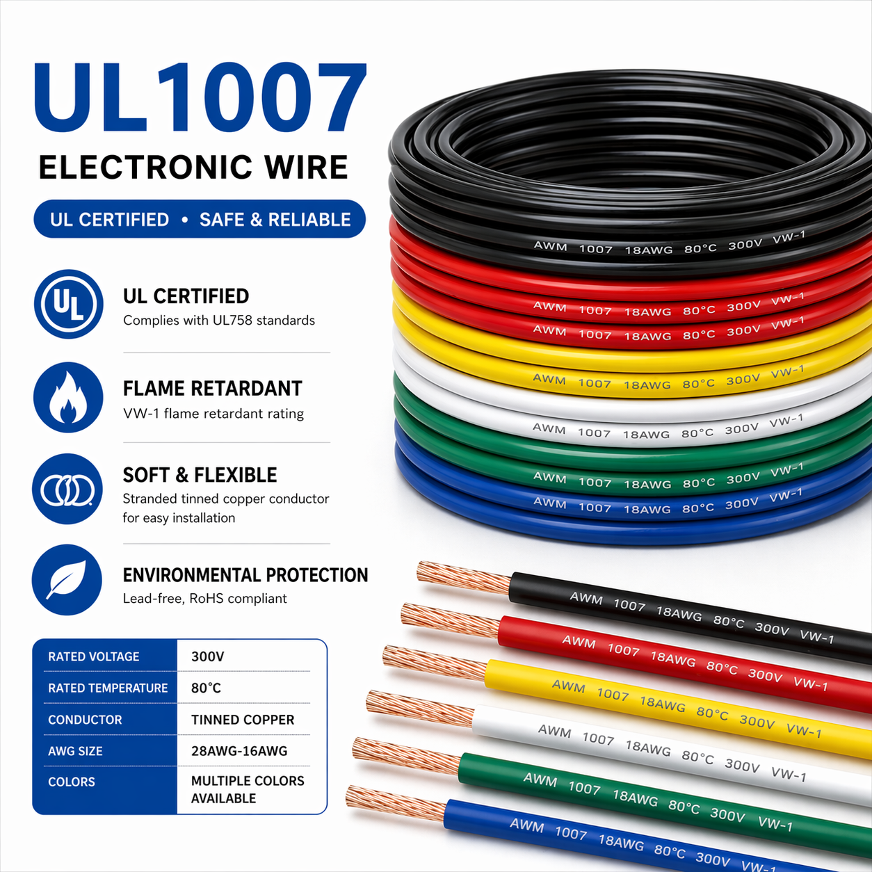 UL Awm 1007 Hook-Up Wire, PVC Insulated,80℃, 300V, VW-1